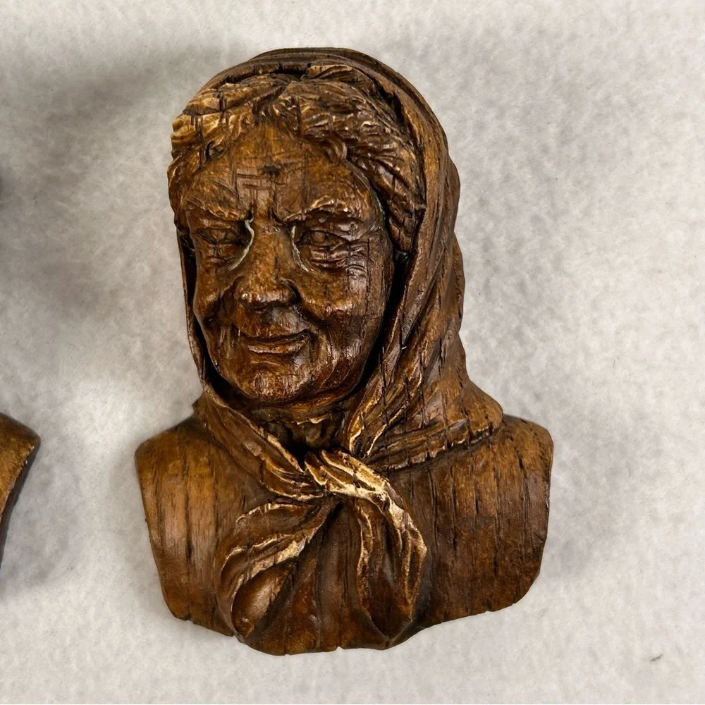 Old Man With Pipe Woman With Scarf  Vintage Faux Carved Wood Wall Hangings